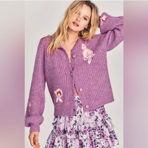 $425 LoveShackFancy Snow Kiss Embroidered Brooke Wool Cardigan Purple Medium - Picture 1 of 8
